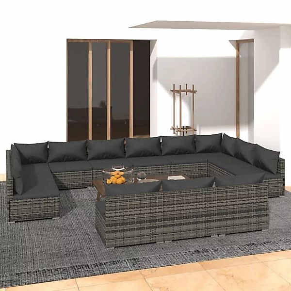 Vidaxl 13-tlg. Garten-lounge-set Mit Kissen Grau Poly Rattan günstig online kaufen