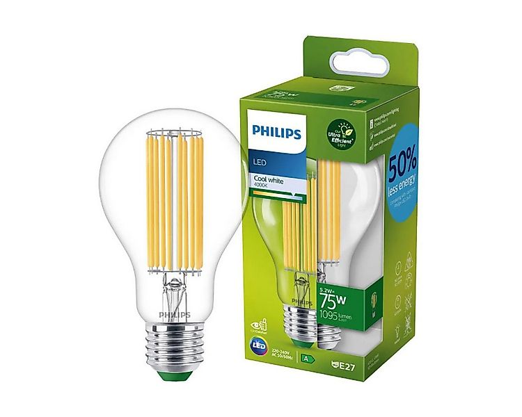 Philips LED-Leuchtmittel LED E27 A70 Filament Klar 5,2W = 75W ULTRA EFFIZIE günstig online kaufen