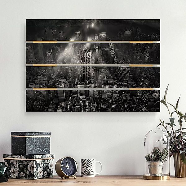 Holzbild Plankenoptik - Querformat Sonnenlicht über New York City günstig online kaufen