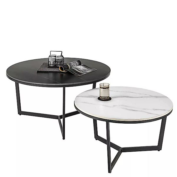 Wohnzimmer Tisch Set rund in Schwarz und Weiß Keramikplatte (zweiteilig) günstig online kaufen