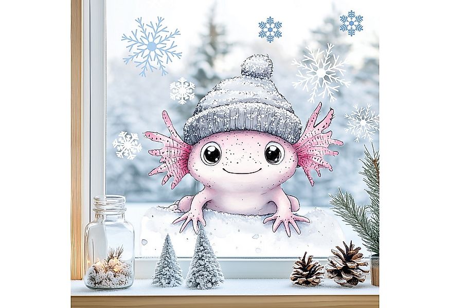 Sunnywall Fensterdekoration Kinderzimmer Fensterbild Winter Axolotl mit Müt günstig online kaufen