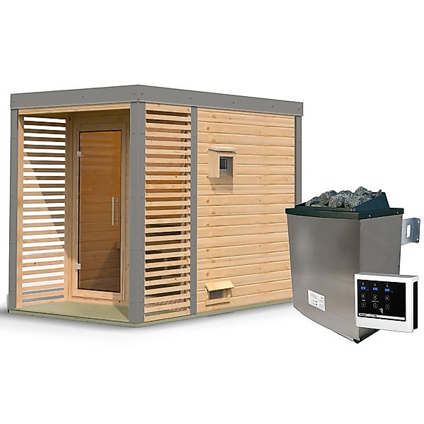 Karibu Saunahaus Seros 1 Zoll mit Ofen 9 kW Extern Naturbelassen/Graualumin günstig online kaufen