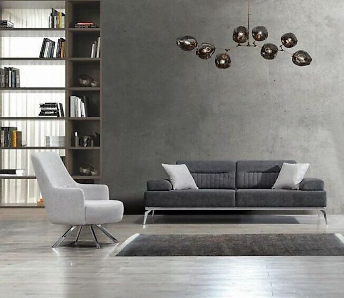 JVmoebel Sofa Wohnzimmer-Set 3-Sitzer Sofa Sessel Grau Weiß Textil Material günstig online kaufen