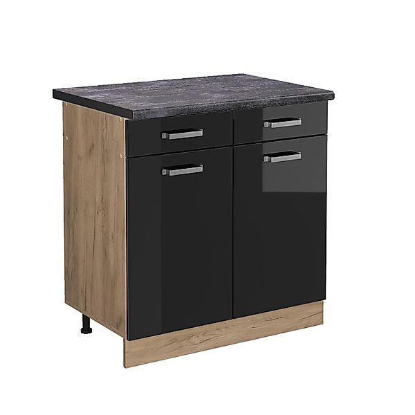 Vicco Küchenunterschrank R-Line Schwarz Hochglanz/Goldkraft Eiche 80 cm AP günstig online kaufen