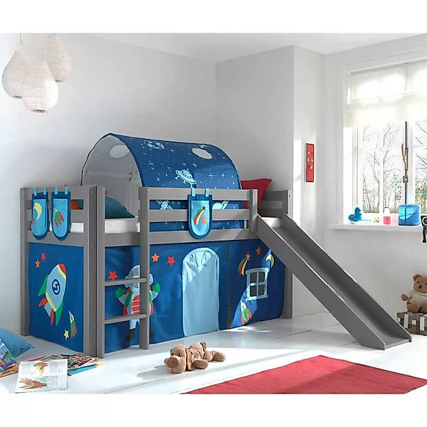Kinderzimmer Bett in Grau und Blau Kiefer Massivholz günstig online kaufen
