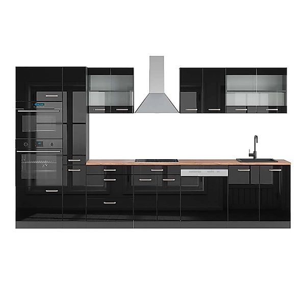 Vicco R-Line Küchenzeile Schwarz Hochglanz/Anthrazit 350 cm mit Hochschrank günstig online kaufen