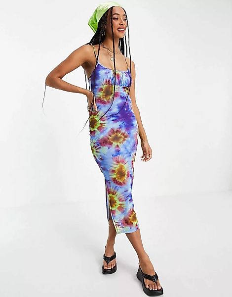 Topshop – Buntes Midi-Trägerkleid aus Netzstoff mit psychedelischem Batikmu günstig online kaufen