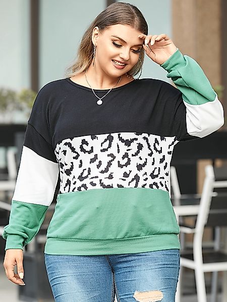 YOINS Plus Größe Rundhals Pullover mit langen Ärmeln und Leopardenmuster günstig online kaufen