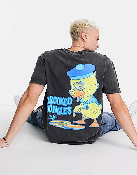 Crooked Tongues – T-Shirt in verwaschenem Schwarz mit Enten-Print günstig online kaufen