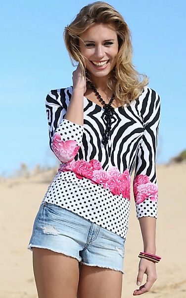 Passioni Strickpullover mit 3/4-Ärmeln in einem gemischten Zebra, Blumen un günstig online kaufen