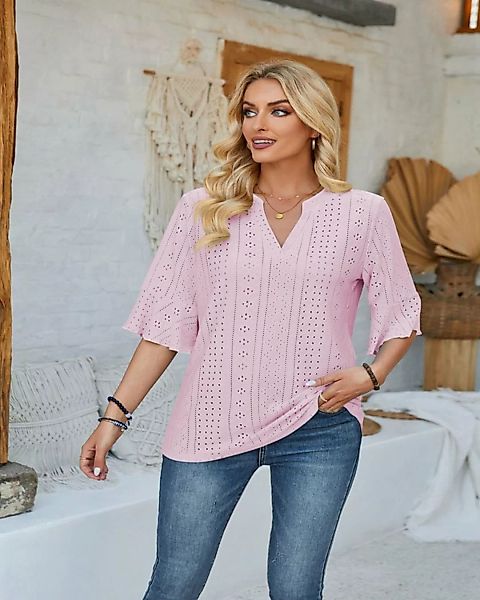 RUZU UG T-Shirt Kurzarmshirt Damen oberteile mode einfarbig Dreiviertelärme günstig online kaufen