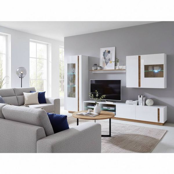 Wohnzimmer Anbauwand in Weiß und Wildeiche Optik 295 cm breit (vierteilig) günstig online kaufen