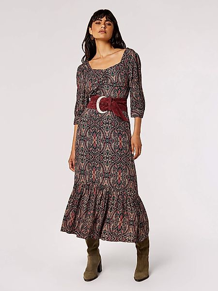 Apricot Druckkleid Langarm-Midikleid, (1-tlg., Gürtel nicht günstig online kaufen