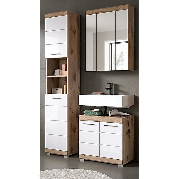 Inn.Furn Badmöbel Set in Weiß Hochglanz und Eiche 3-teilig 112 cm Willow günstig online kaufen