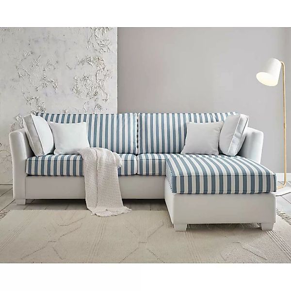 Sofa mit Hocker gestreift in Blau und Cremeweiß Landhausstil (zweiteilig) günstig online kaufen