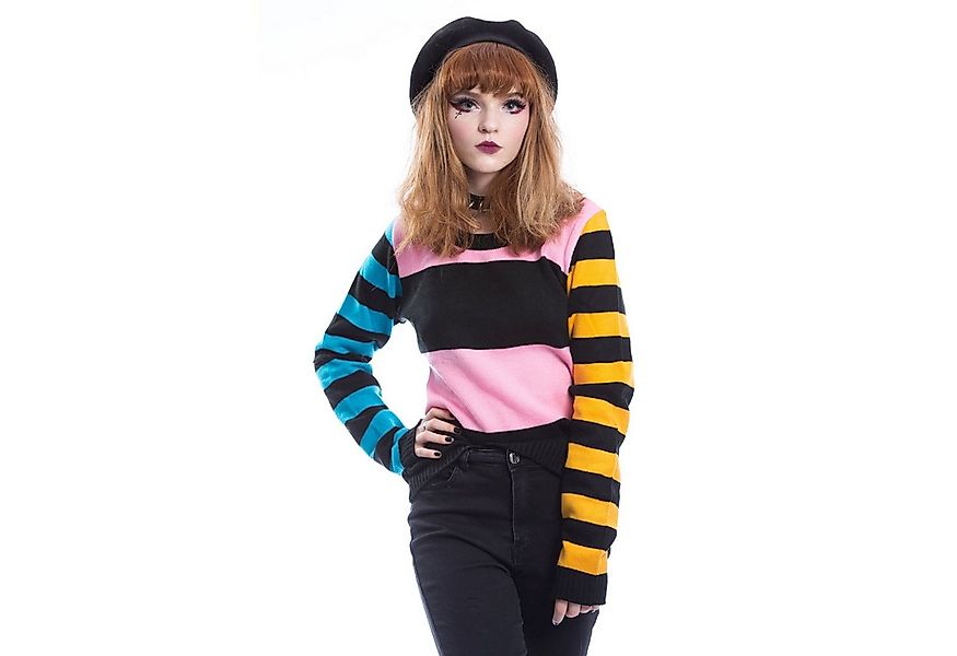 Heartless Strickpullover Sally Punk Gestreift Streifen Schwarz Rosa Orange günstig online kaufen
