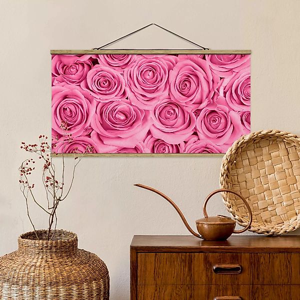 Stoffbild Blumen mit Posterleisten - Querformat Rosa Rosen günstig online kaufen