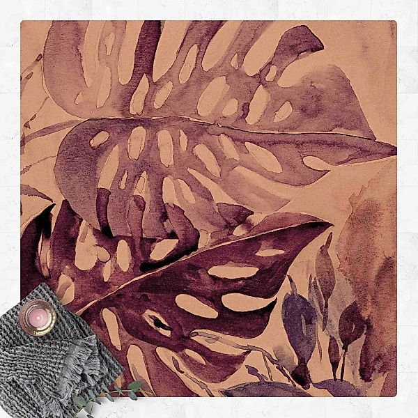 Kork-Teppich Aquarell Tropische Blätter mit Monstera in Aubergine günstig online kaufen