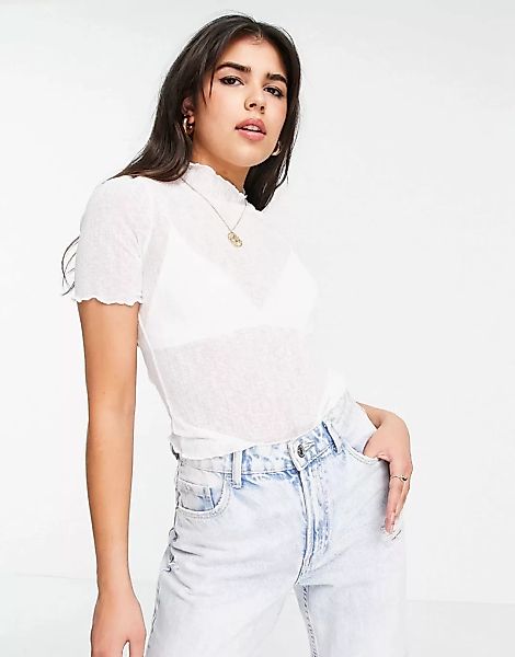 Pieces – T-Shirt in Weiß mit Stehkragen und kurzem Schnitt günstig online kaufen