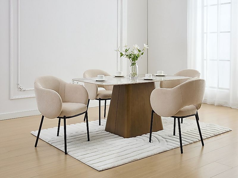 Stuhl mit Armlehnen 2er-Set - Strukturstoff & schwarzes Metall - Beige - AC günstig online kaufen