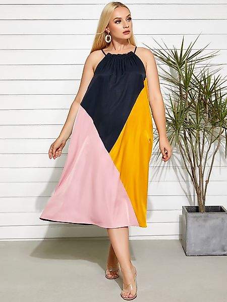 YOINS Plus Größe Halfter Farbblock Ärmellos Midi Kleid günstig online kaufen