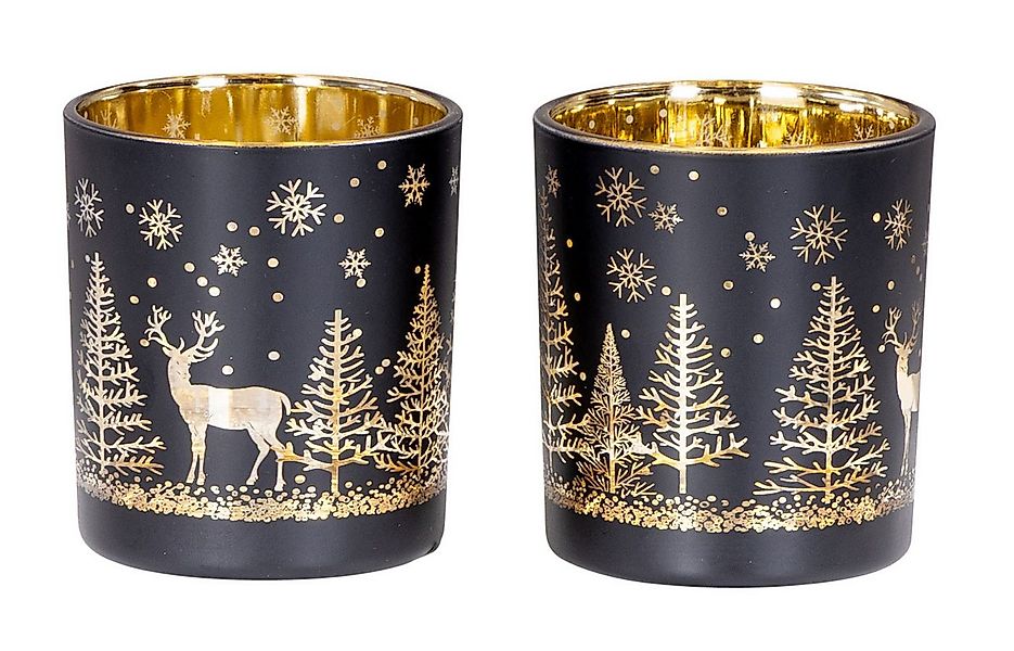Levandeo® Teelichthalter, 2er Set Teelichthalter Schwarz Gold Winter Landsc günstig online kaufen