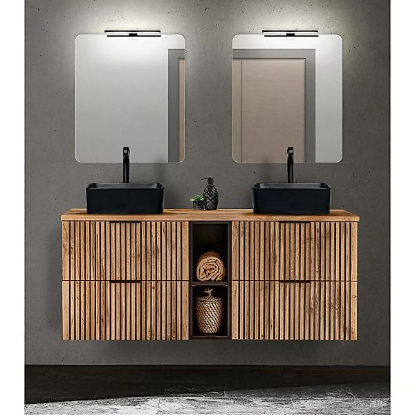 Badmöbel Set Waschplatz Doppelwaschtisch mit Regal 141 cm Rillenfronten XAN günstig online kaufen
