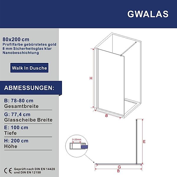 AQUABATOS Walk-in-Dusche Duschabtrennung Duschwände Duschtrennwand Gold günstig online kaufen
