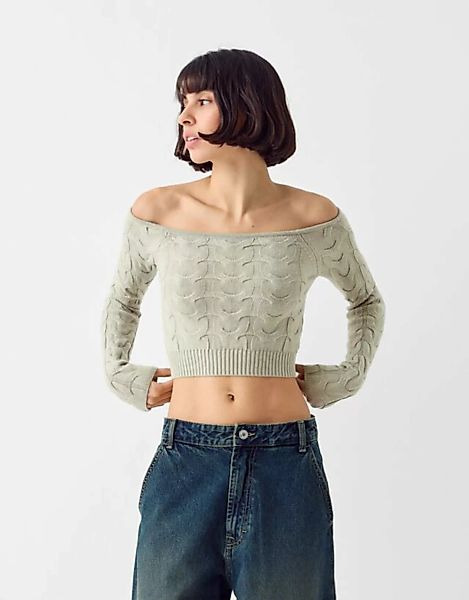 Bershka Geflochtener Pullover Mit Carmen-Ausschnitt Damen L Khaki günstig online kaufen