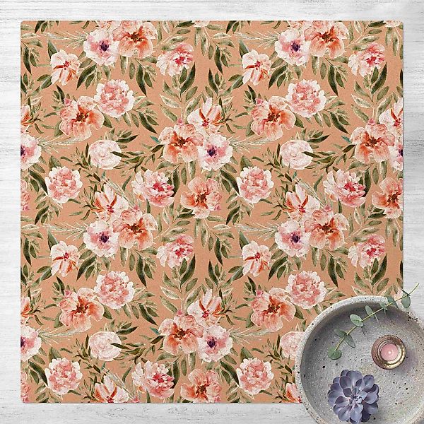 Kork-Teppich Aquarell Rosa Blüten vor Weiß günstig online kaufen