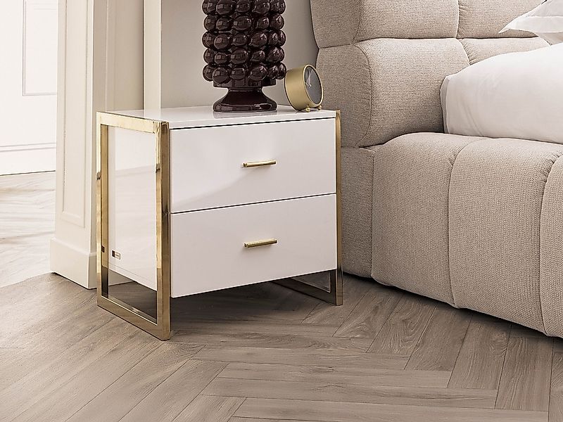 Nachttisch mit 2 Schubladen - MDF - Weiß lackiert & Goldfarben - OMBRELIA v günstig online kaufen