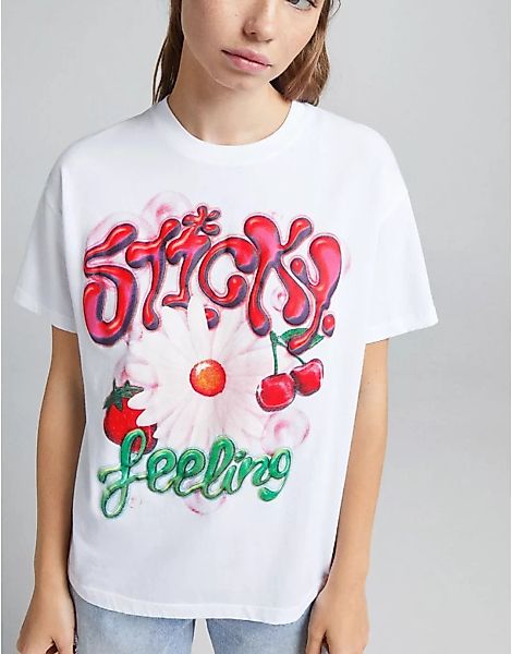 Bershka – Oversize-T-Shirt in Weiß mit Graffiti-Blumendesign günstig online kaufen