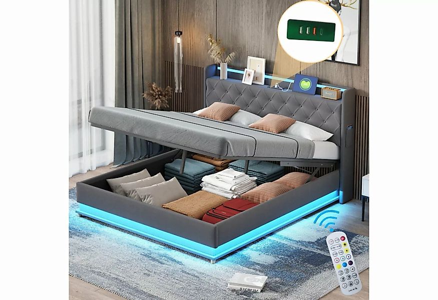 Flieks Polsterbett, LED Hydraulisches Stauraumbett Doppelbett mit Ladefunkt günstig online kaufen