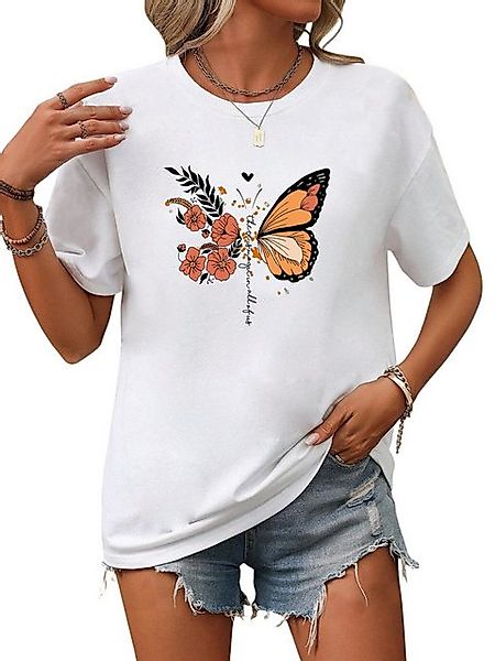 PYL Rundhalsshirt Damen Sommer Casual T-Shirt mit Schmetterling Print Tee günstig online kaufen