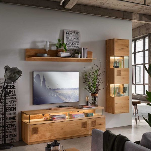 Wohnwand Wildeiche geölt in modernem Design 213 cm breit (dreiteilig) günstig online kaufen