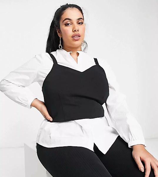 Vero Moda Curve – Hemd mit Overlay-Trägertop in Schwarz und Weiß-Mehrfarbig günstig online kaufen