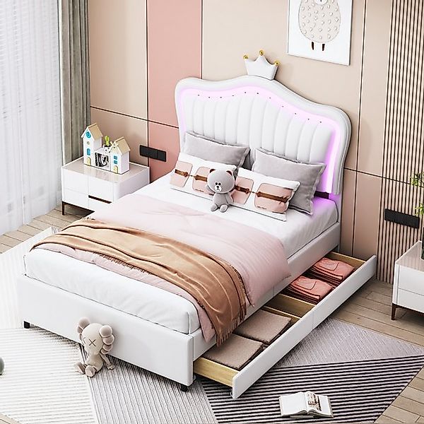 FOSMET Polsterbett Polster-Kinderbett 90x200 cm mit LED, PU-Krone, Lattenro günstig online kaufen