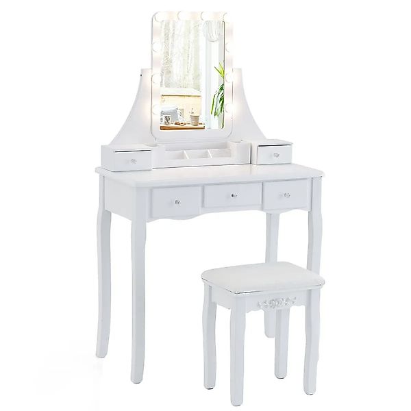 Costway Schminktisch mit Led-Beleuchtung 5 Schubladen Weiß günstig online kaufen