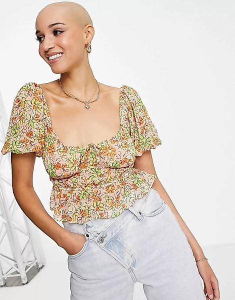 Miss Selfridge – Vorne gebundene Bluse in hellem Retro-Blumenmuster-Orange günstig online kaufen