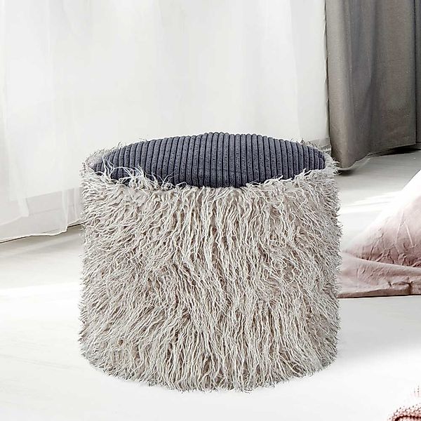 Kunstfell Pouf in Grau Retrostil günstig online kaufen