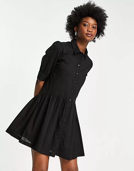 Pimkie – Vorn geknöpftes Mini-Hängerkleid aus Popeline in Schwarz günstig online kaufen