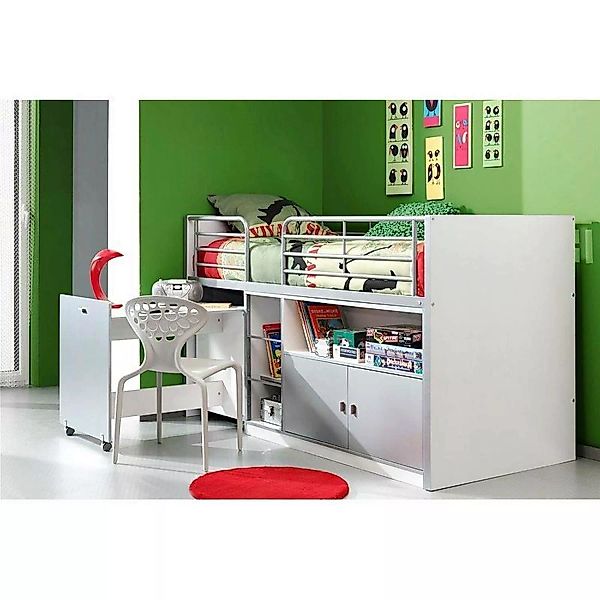 Lomadox Hochbett BONNY-12, mit rollbarem Schreibtisch, 90x200cm, Weiß Silbe günstig online kaufen