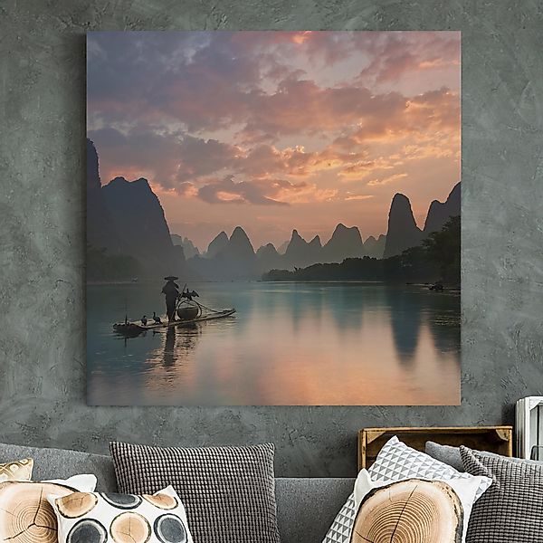 Leinwandbild - Quadrat Sonnenaufgang über chinesischem Fluss günstig online kaufen