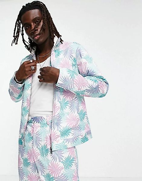 ASOS DESIGN – Elegante Trainingsjacke in Pastellblau mit Palmenprint, Kombi günstig online kaufen