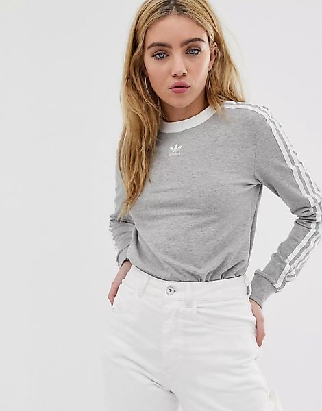adidas Originals – Langärmliges Shirt in Grau mit drei Streifen günstig online kaufen