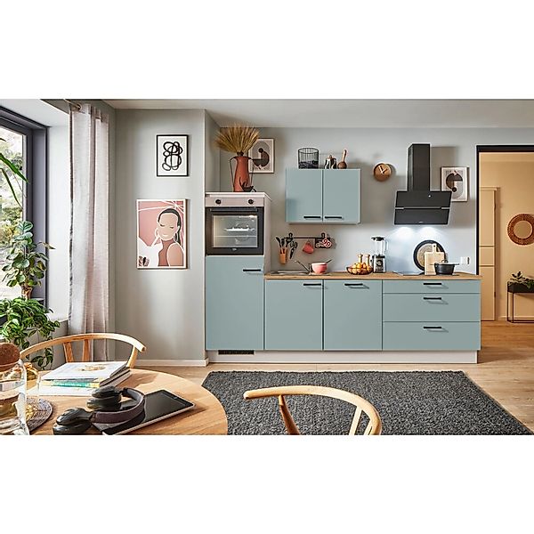 pino Küchenzeile 270 cm Fjordgrün Anschlag,inks 1 Geräteschrank günstig online kaufen