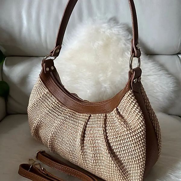 Goodman Design Schultertasche Raffiatasche mit Echtleder günstig online kaufen
