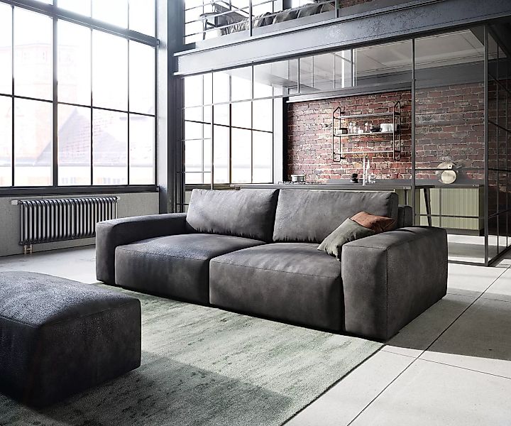 Big-Sofa Lanzo L 260x110 cm Lederimitat Vintage Anthrazit mit Hocker günstig online kaufen
