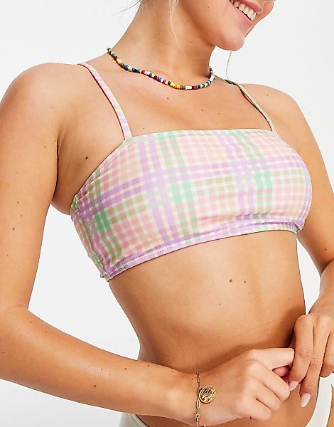 Vero Moda – Kariertes Bikini-Oberteil mit eckigem Ausschnitt in Pastelltöne günstig online kaufen