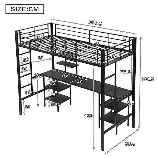 HAUSS SPOLE Hochbett 90x200cm mit Tisch, Regalen, Seitenleiter, Fallschutzg günstig online kaufen